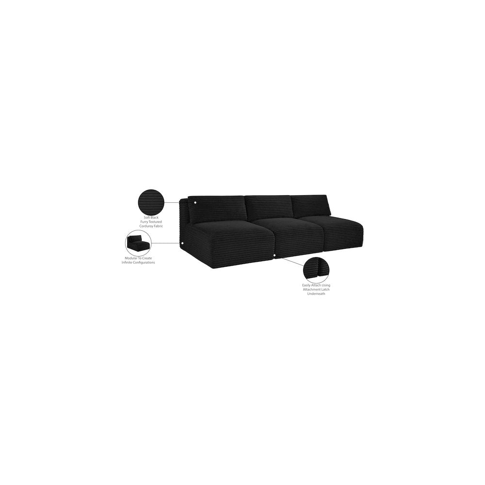 Shaggy Black Corduroy Performance Fabric Modular Sofa