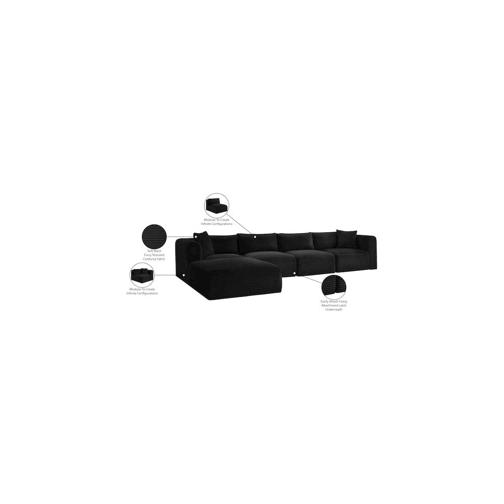 Shaggy Black Corduroy Performance Fabric Modular Sectional