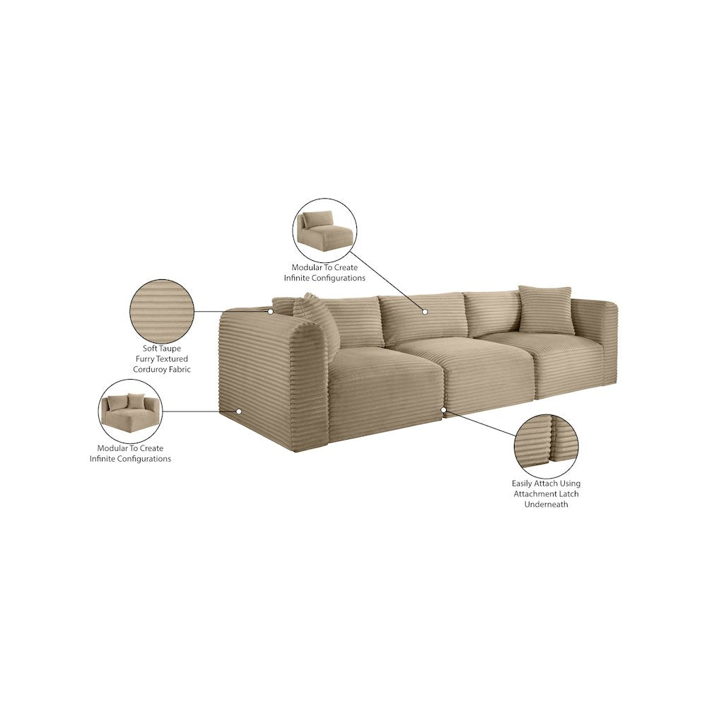 Shaggy Taupe Corduroy Performance Fabric Modular Sofa