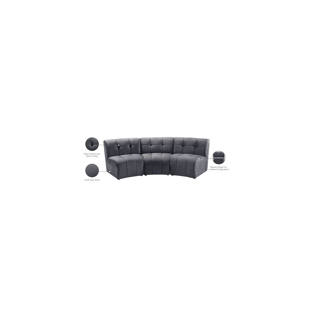 Limitless Grey Velvet 3pc. Modular Sectional
