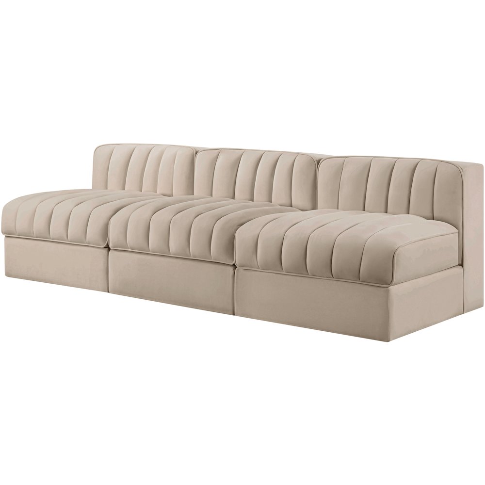 Rummi Beige Velvet Performance Fabric Upholstered 3pc. Modular Sofa