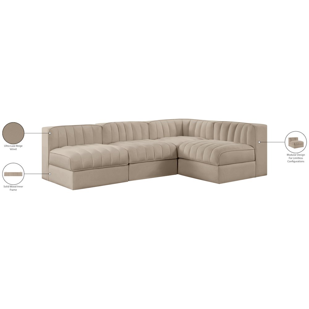 Rummi Beige Velvet Performance Fabric Upholstered 4pc. Modular Sectional