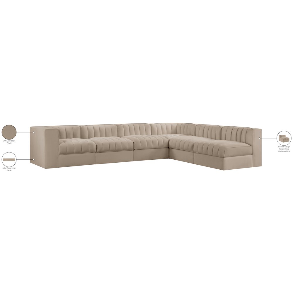 Rummi Beige Velvet Performance Fabric Upholstered 6pc. Modular Sectional