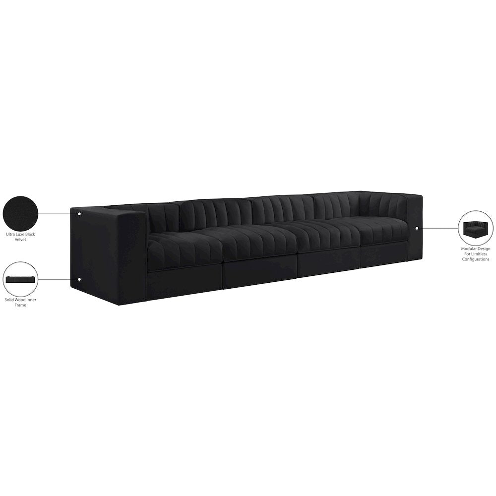Rummi Black Velvet Performance Fabric Upholstered 4pc. Modular Sofa