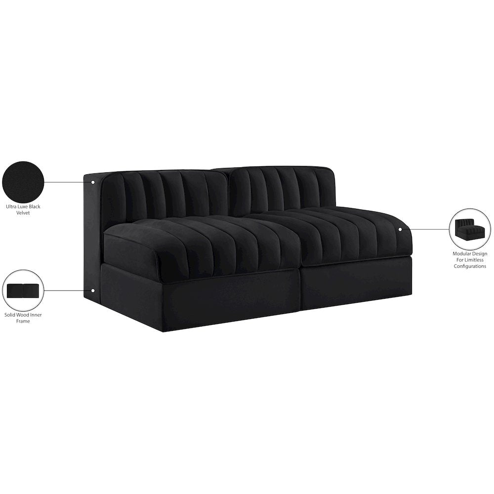 Rummi Black Velvet Performance Fabric Upholstered 2pc. Modular Loveseat
