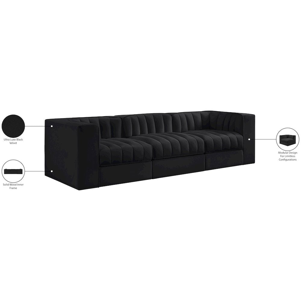 Rummi Black Velvet Performance Fabric Upholstered 3pc. Modular Sofa