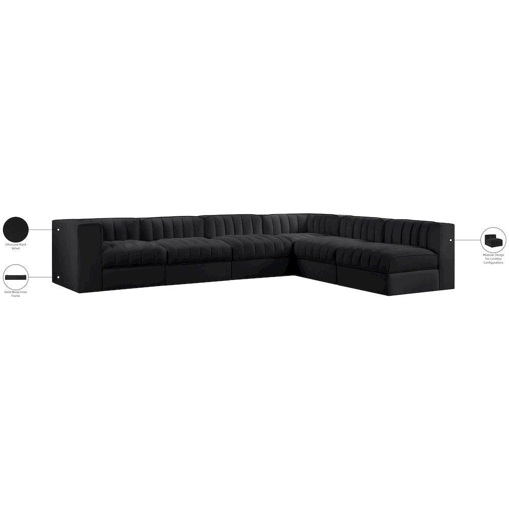 Rummi Black Velvet Performance Fabric Upholstered 6pc. Modular Sectional