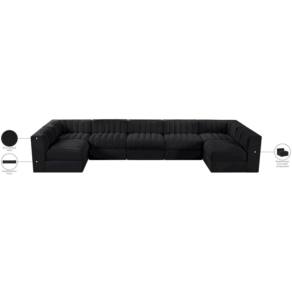 Rummi Black Velvet Performance Fabric Upholstered 7pc. Modular Sectional