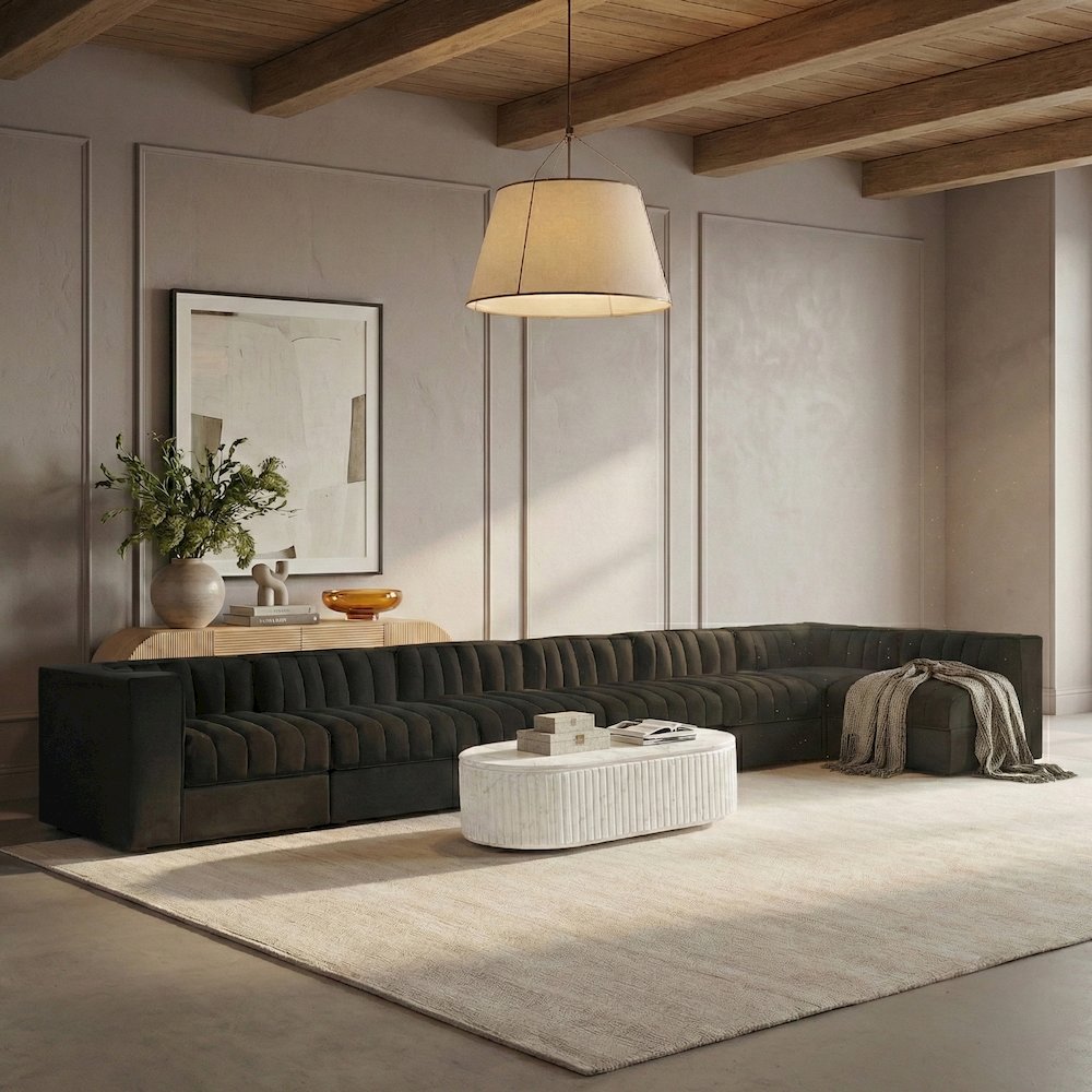 Rummi Black Velvet Performance Fabric Upholstered 7pc. Modular Sectional