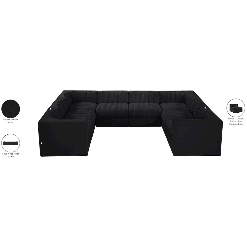 Rummi Black Velvet Performance Fabric Upholstered 8pc.Modular Sectional