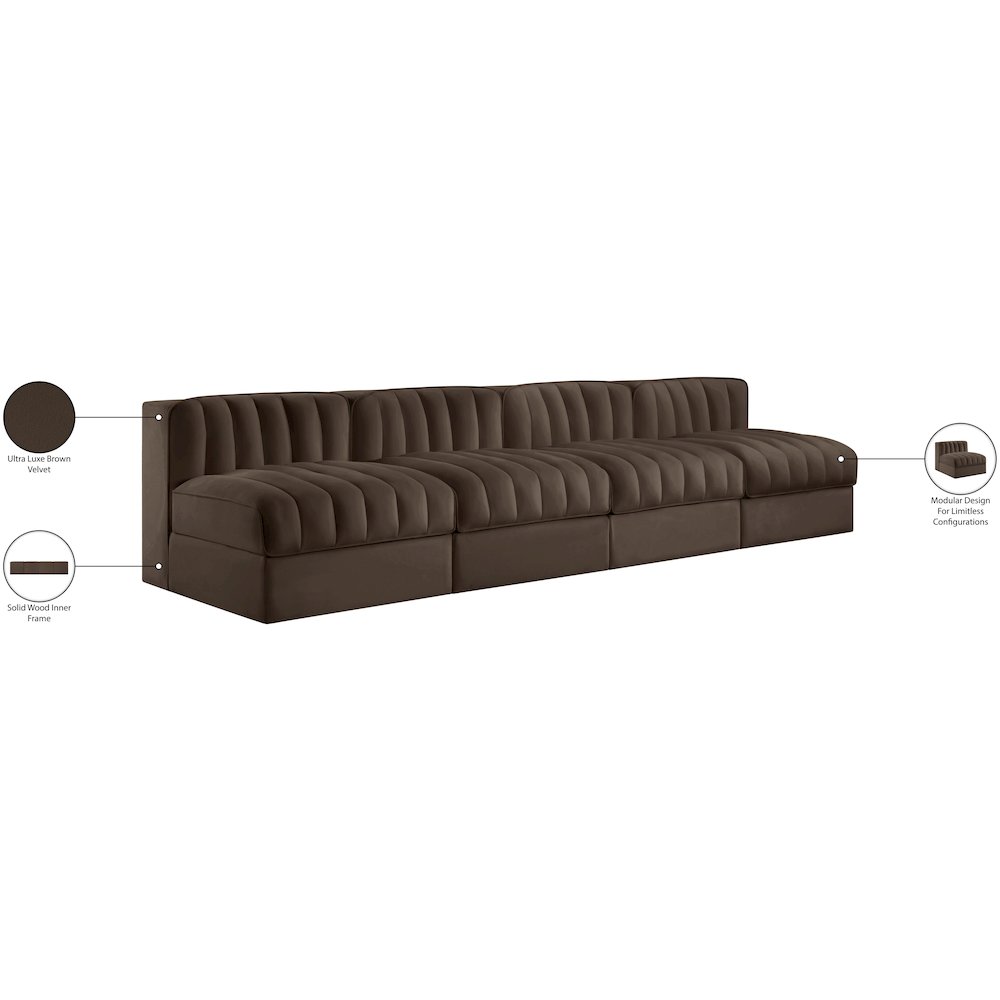 Rummi Brown Velvet Performance Fabric Upholstered 4pc. Modular Sofa