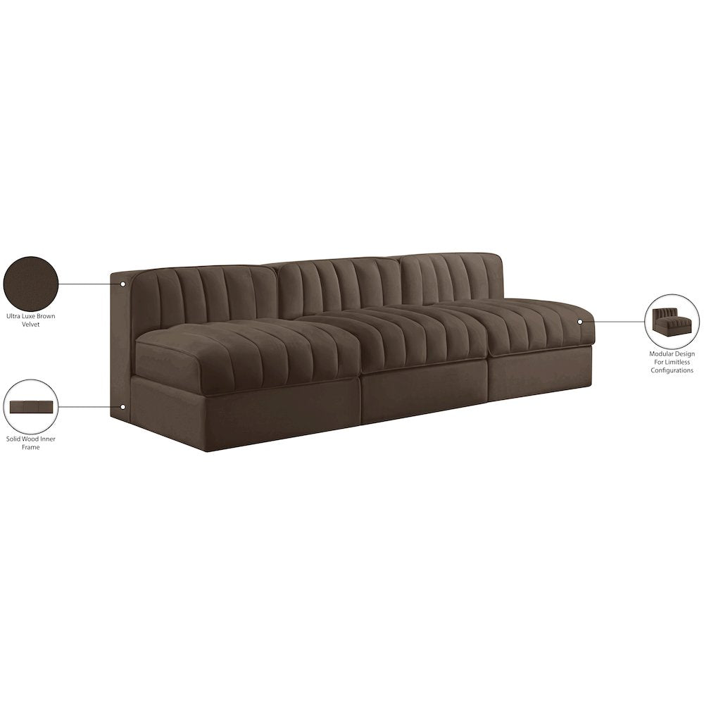 Rummi Brown Velvet Performance Fabric Upholstered 3pc. Modular Sofa