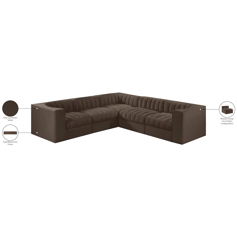 Rummi Brown Velvet Performance Fabric Upholstered 5pc. Modular Sectional