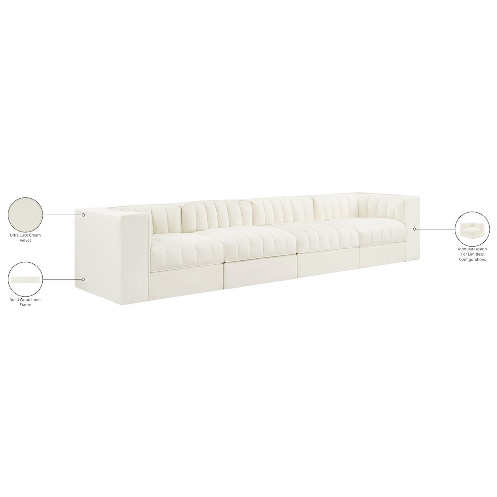 Rummi Cream Velvet Performance Fabric Upholstered 4pc. Modular Sofa