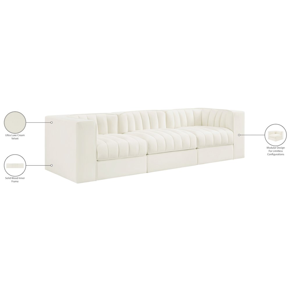 Rummi Cream Velvet Performance Fabric Upholstered 3pc. Modular Sofa