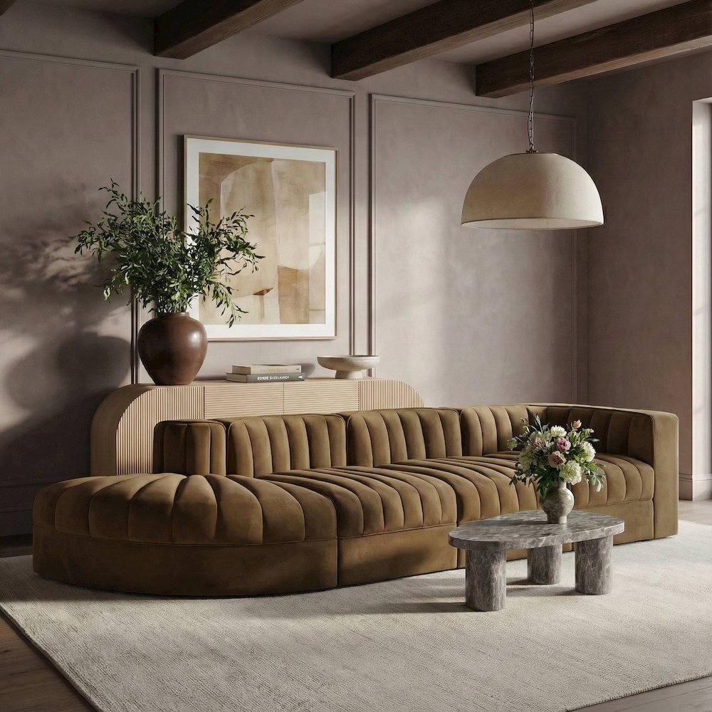 Rummi Saddle Velvet Performance Fabric Upholstered 4pc. Modular Sectional