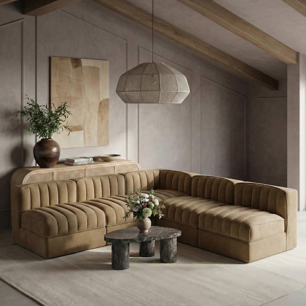 Rummi Saddle Velvet Performance Fabric Upholstered 5pc. Modular Sectional
