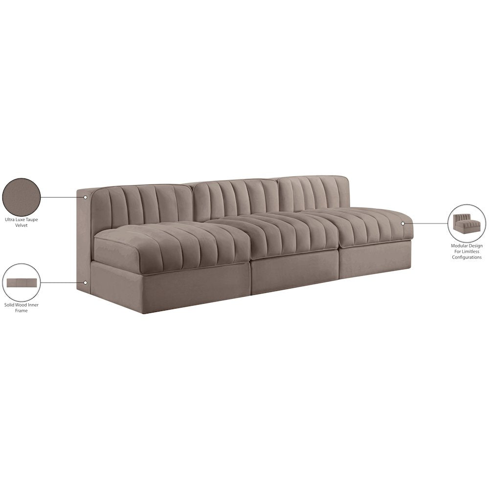 Rummi Taupe Velvet Performance Fabric Upholstered 3pc. Modular Sofa