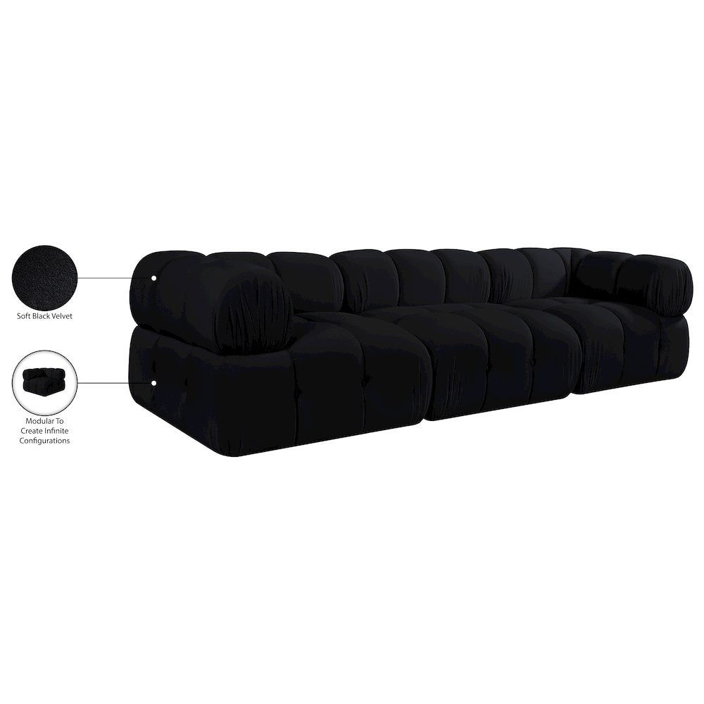 Orin Black Velvet Performance Fabric Upholstered 3 pc. Modular Sofa
