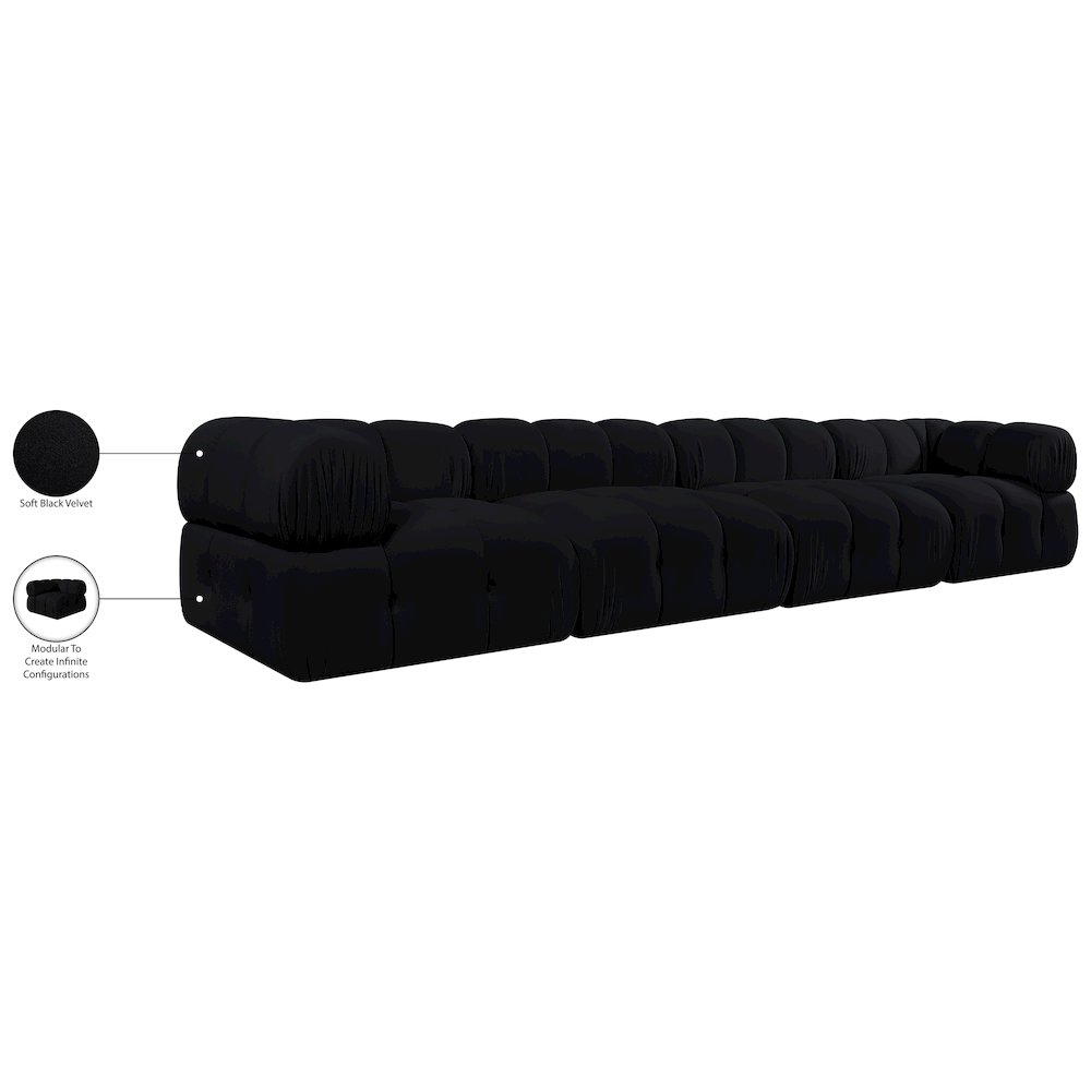 Orin Black Velvet Performance Fabric Upholstered 4 pc. Modular Sofa