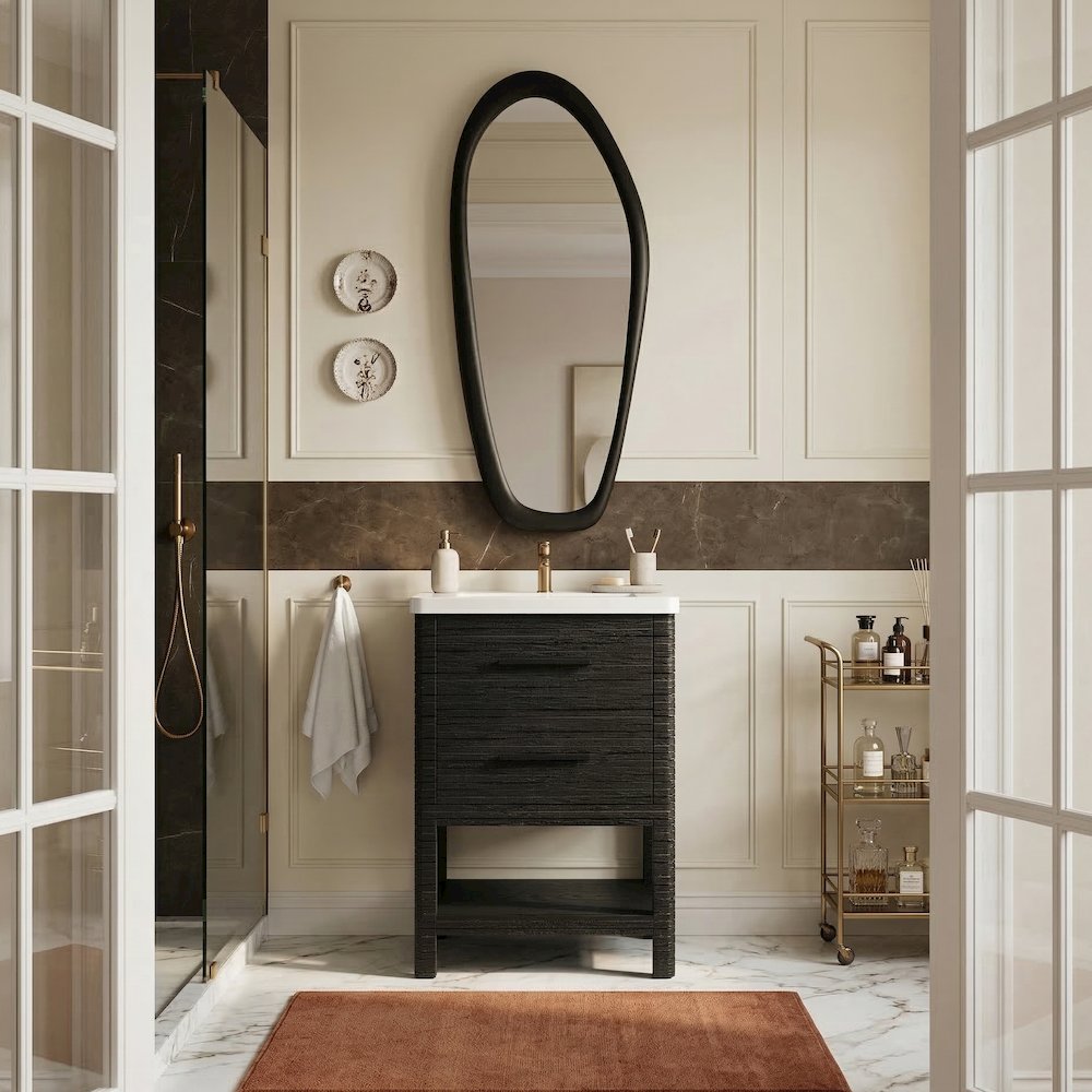 Oakwell 24" Black Engineered Stone And Solid Wood Bathroom Vanity
