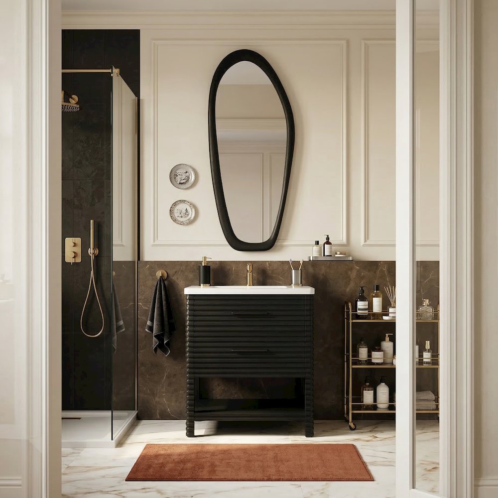 Oakwell 30" Black Engineered Stone And Solid Wood Bathroom Vanity