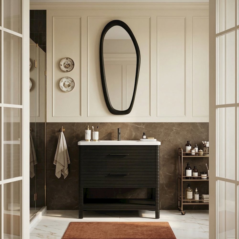 Oakwell 36" Black Engineered Stone And Solid Wood Bathroom Vanity