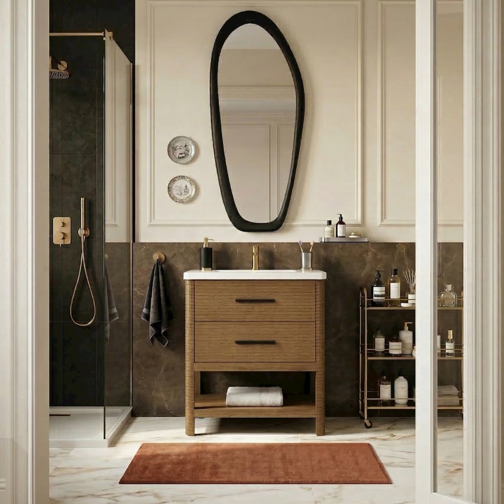 Oakwell 30" Brown Engineered Stone And Solid Wood Bathroom Vanity