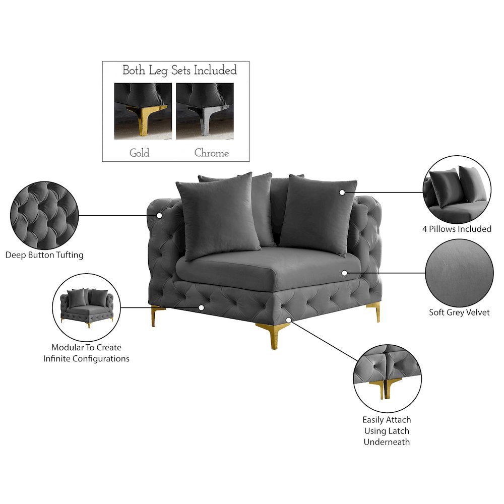 Tremblay Grey Velvet Corner Chair