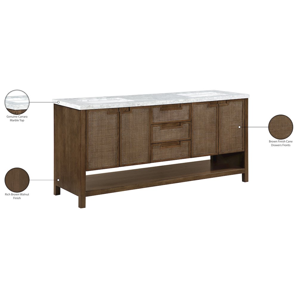 Soren 72" Brown Genuine Carrara Marble And Solid Wood Bathroom Vanity