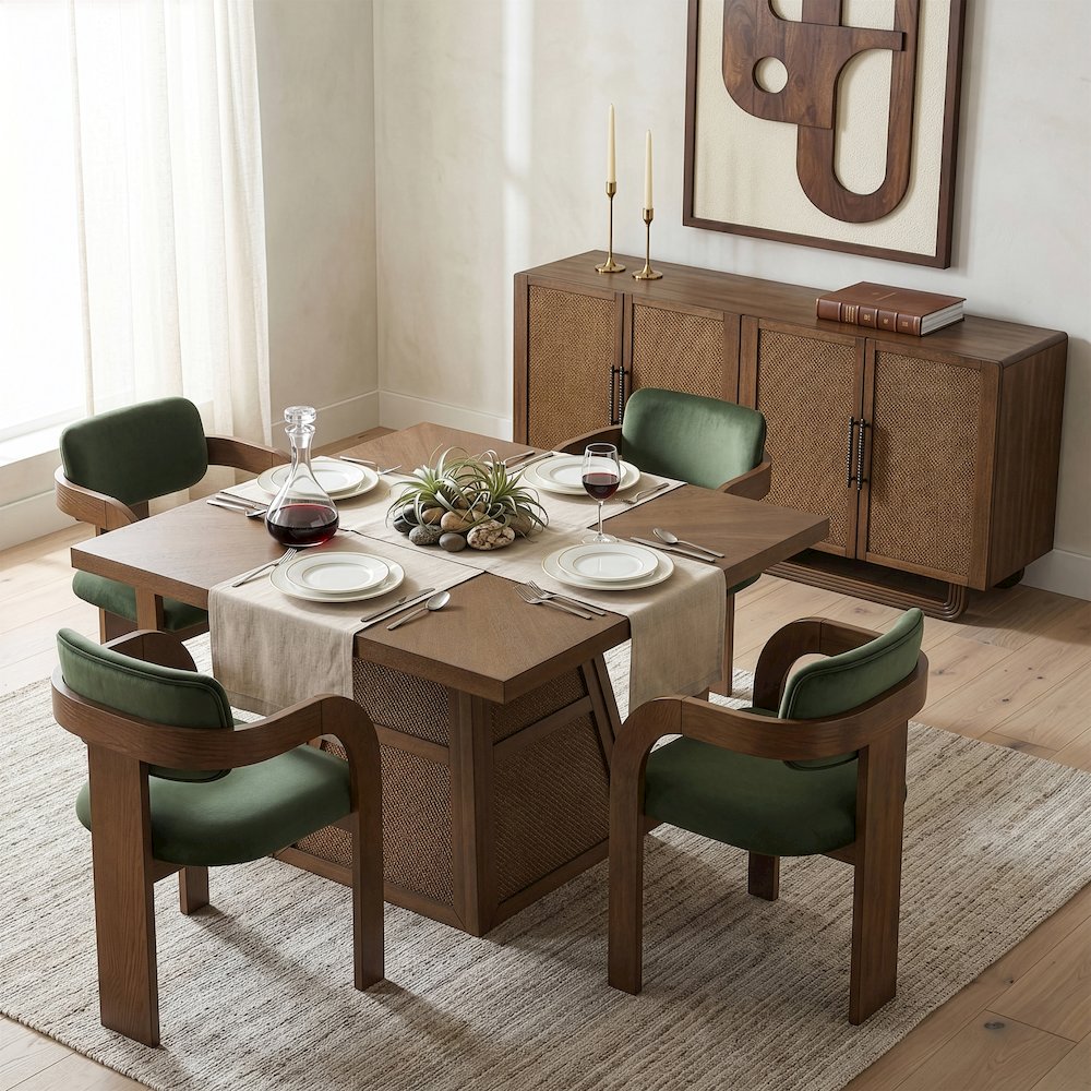 Fenwick 54.25" Brown Cane, Oak Veneer And Solid Wood Dining Table