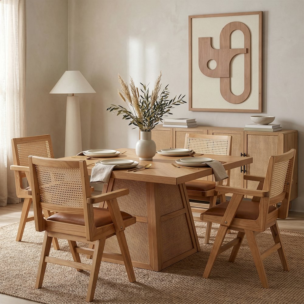 Fenwick 54.25" Natural Cane, Oak Veneer And Solid Wood Dining Table