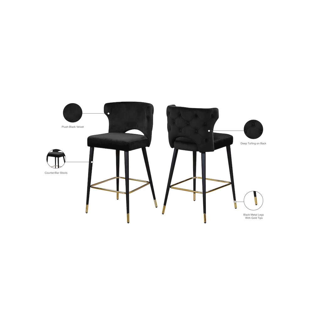 Kelly Black Velvet Stool, Set of 2