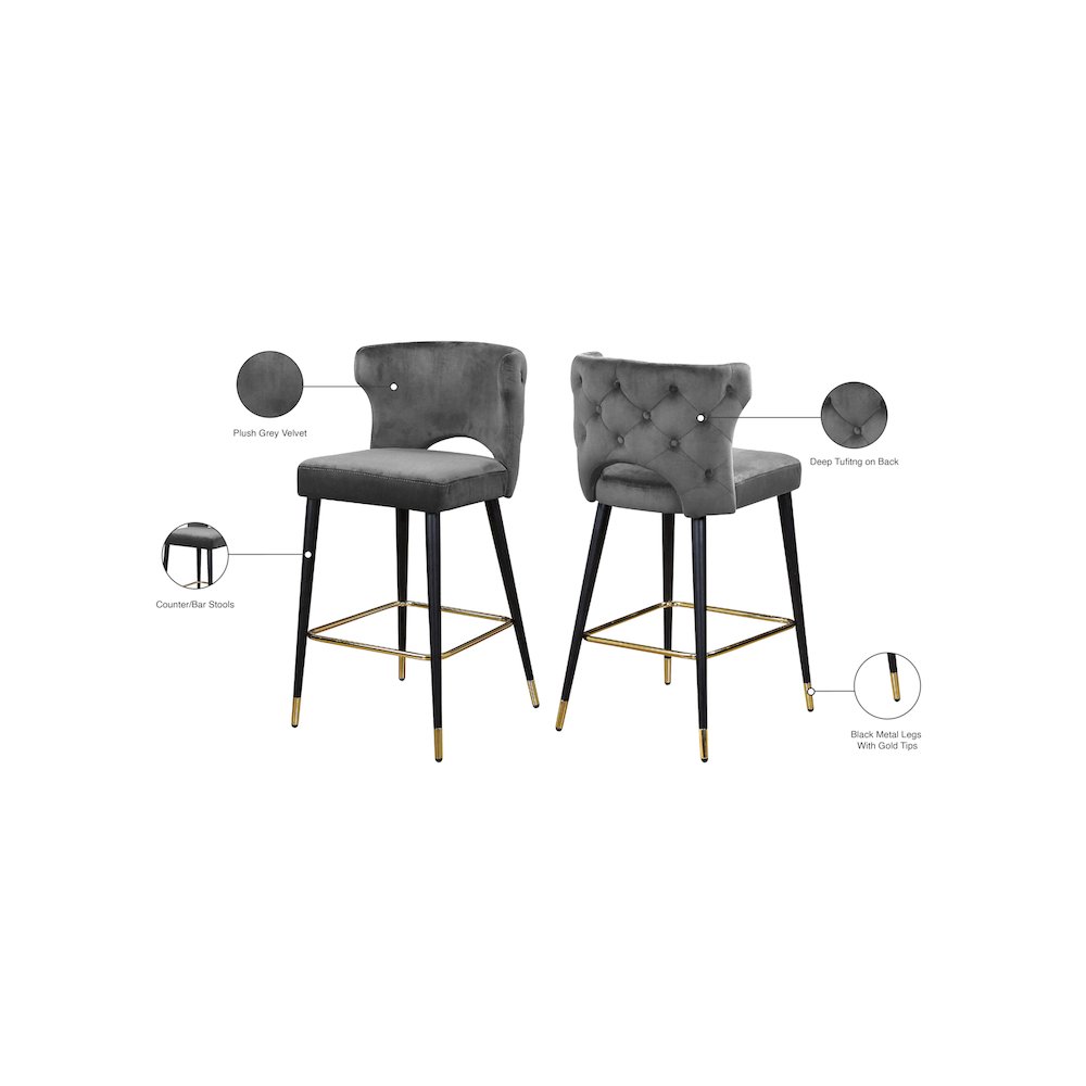 Kelly Grey Velvet Stool, Set of 2