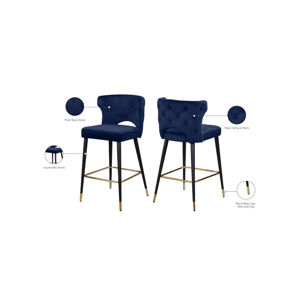 Kelly Navy Velvet Stool, Set of 2