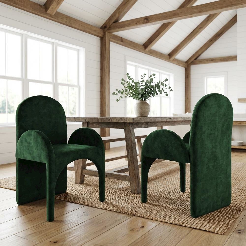 Emerald Velvet Dining Arm Chair Set of 2 - Contemporary Design, Comfortable Seat