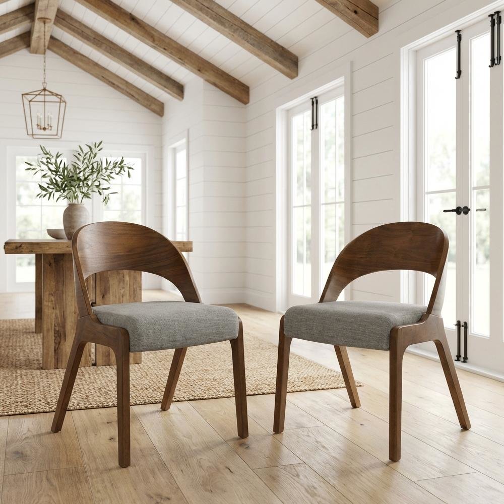 Walnut-Finish Dining Chairs Set of 2 - Gray Linen Textured Fabric, Mid Century