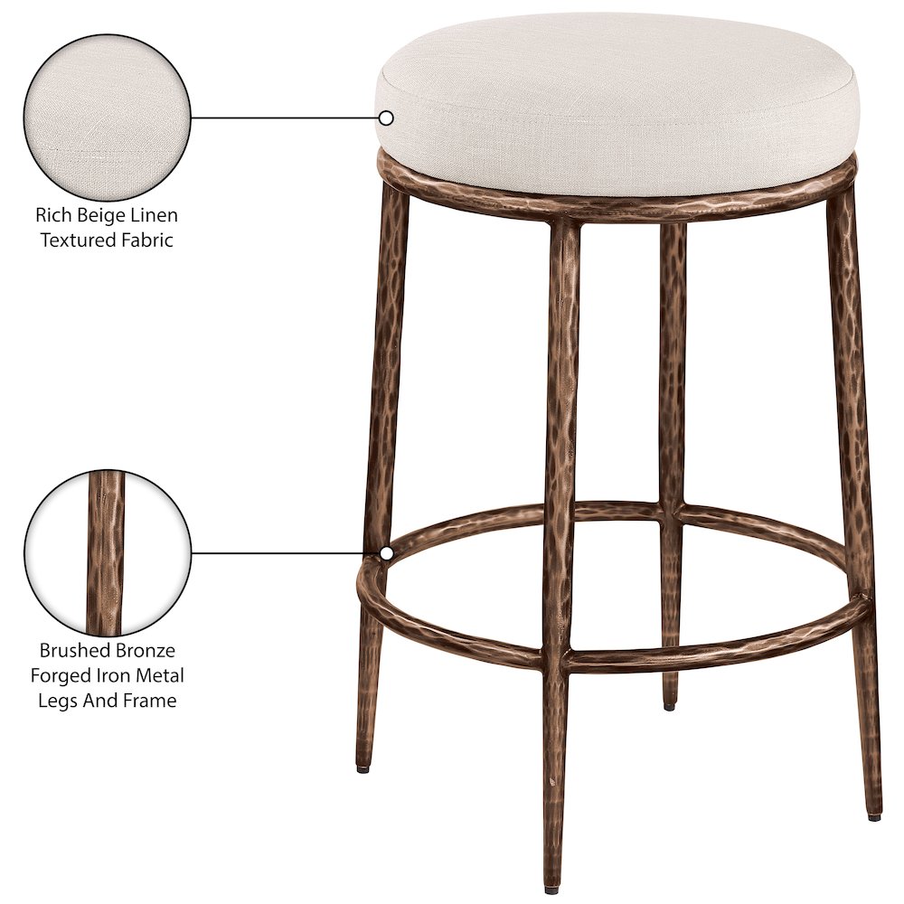Ferro Beige Linen Textured Performance Fabric Upholstered Counter Stool