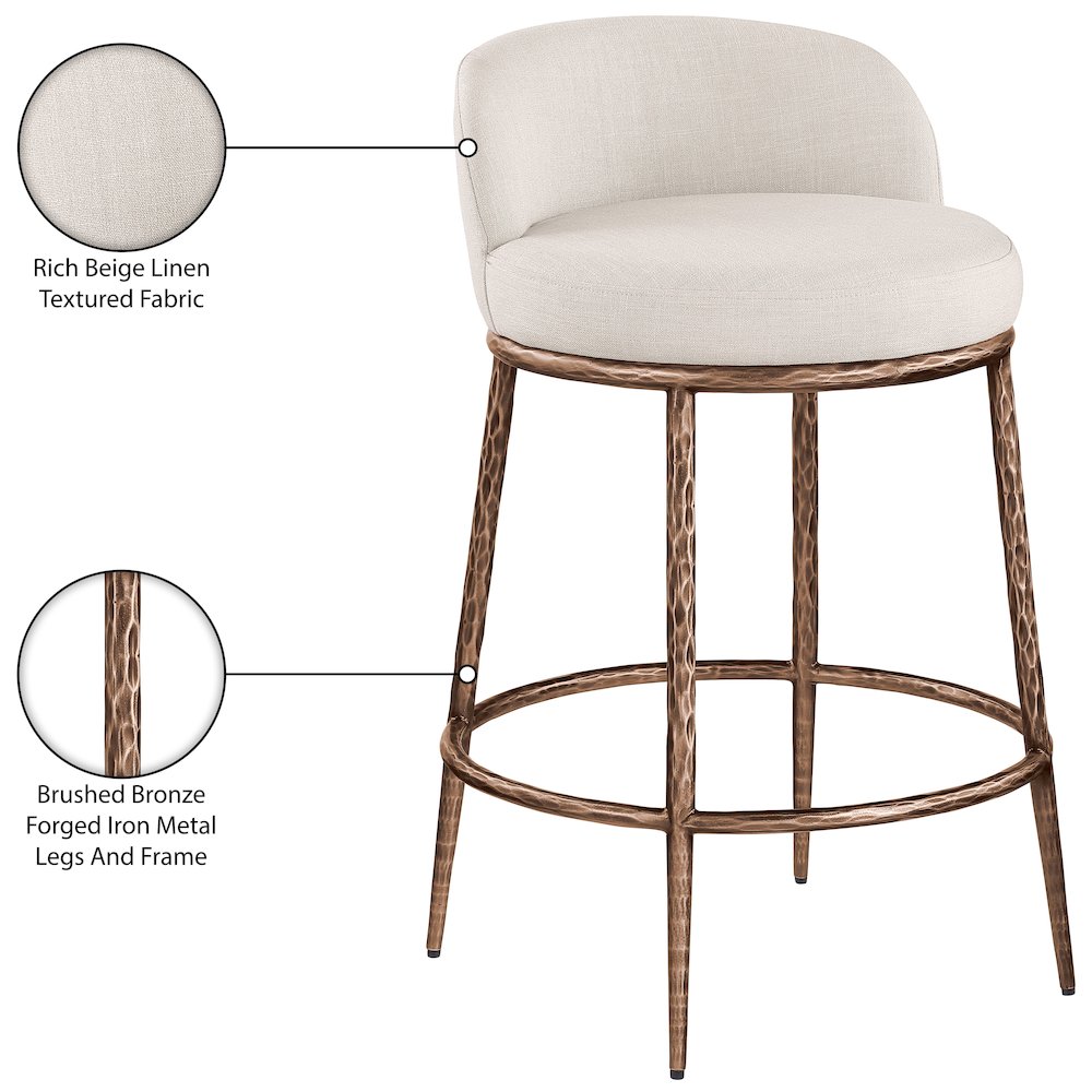Ferro Beige Linen Textured Performance Fabric Upholstered Counter Stool