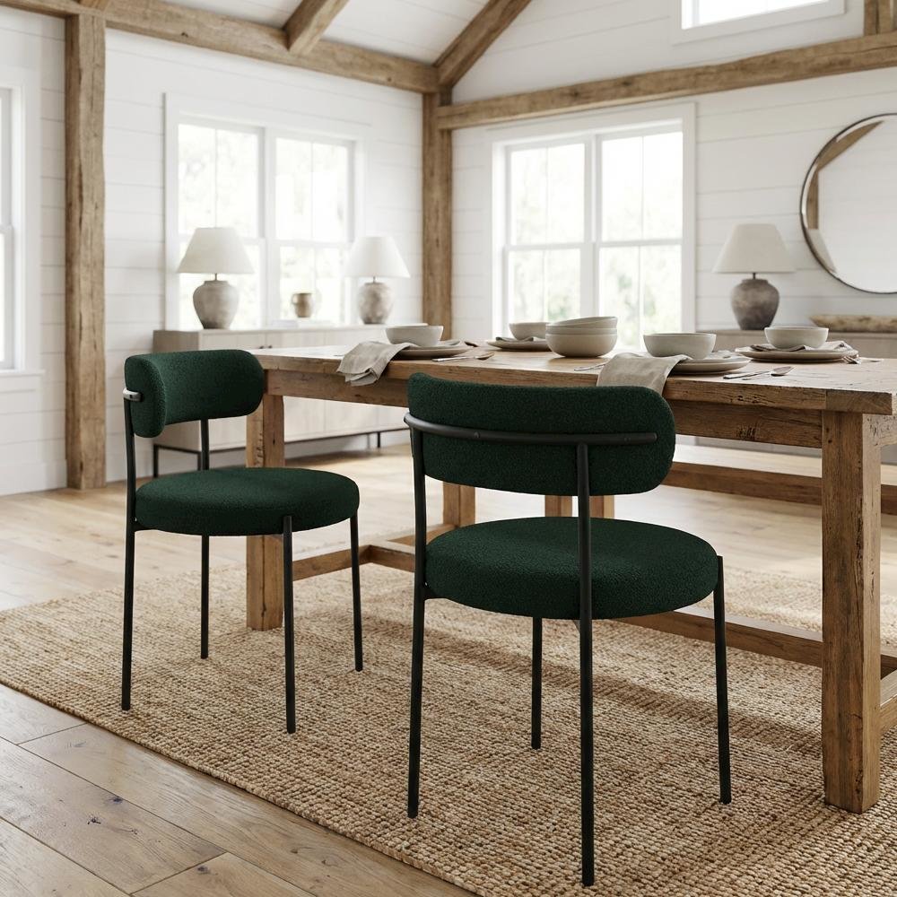 Matte Black Boucle Fabric Dining Chairs Set of 2 with Contemporary Design