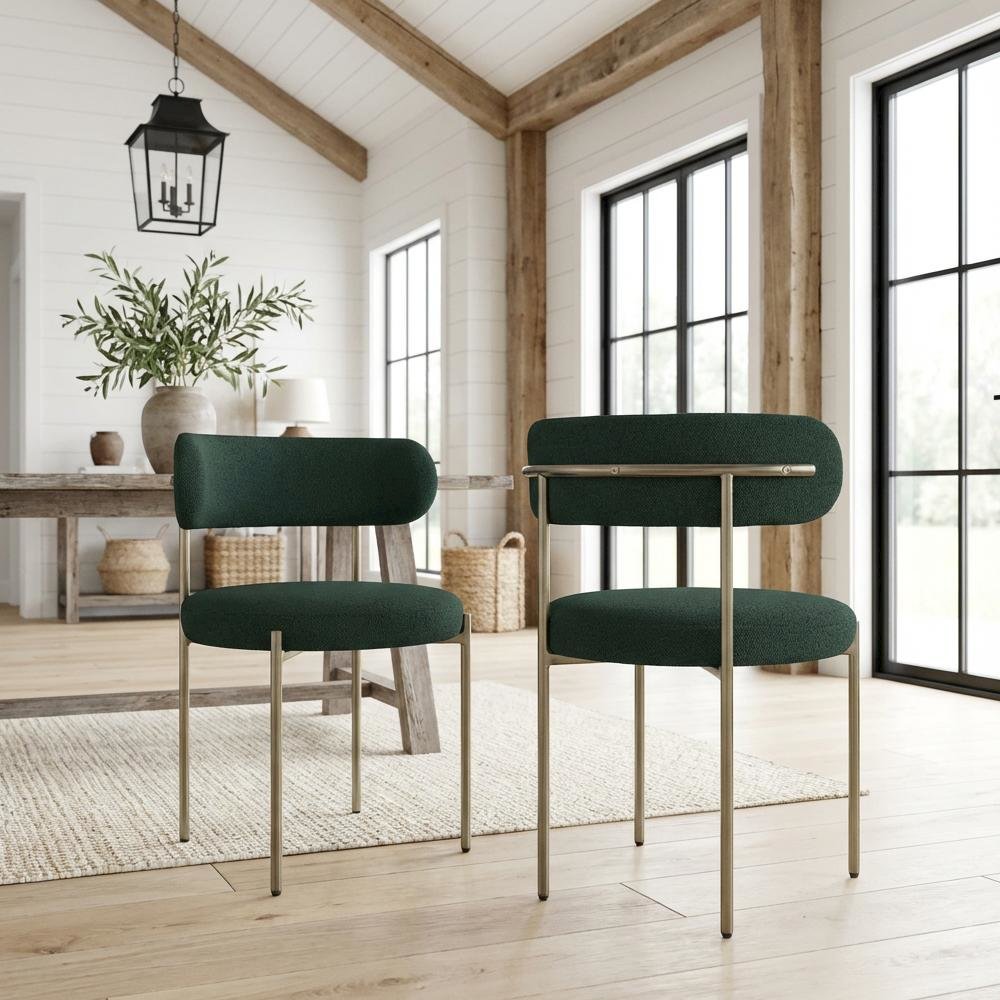 Brushed Brass Dining Chair Set of 2 with Boucle Fabric Cushioned Seats