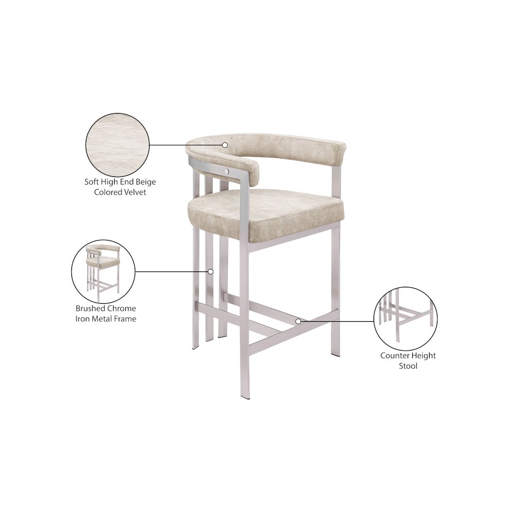 Marcello Beige Velvet Counter Stool, Set of 2