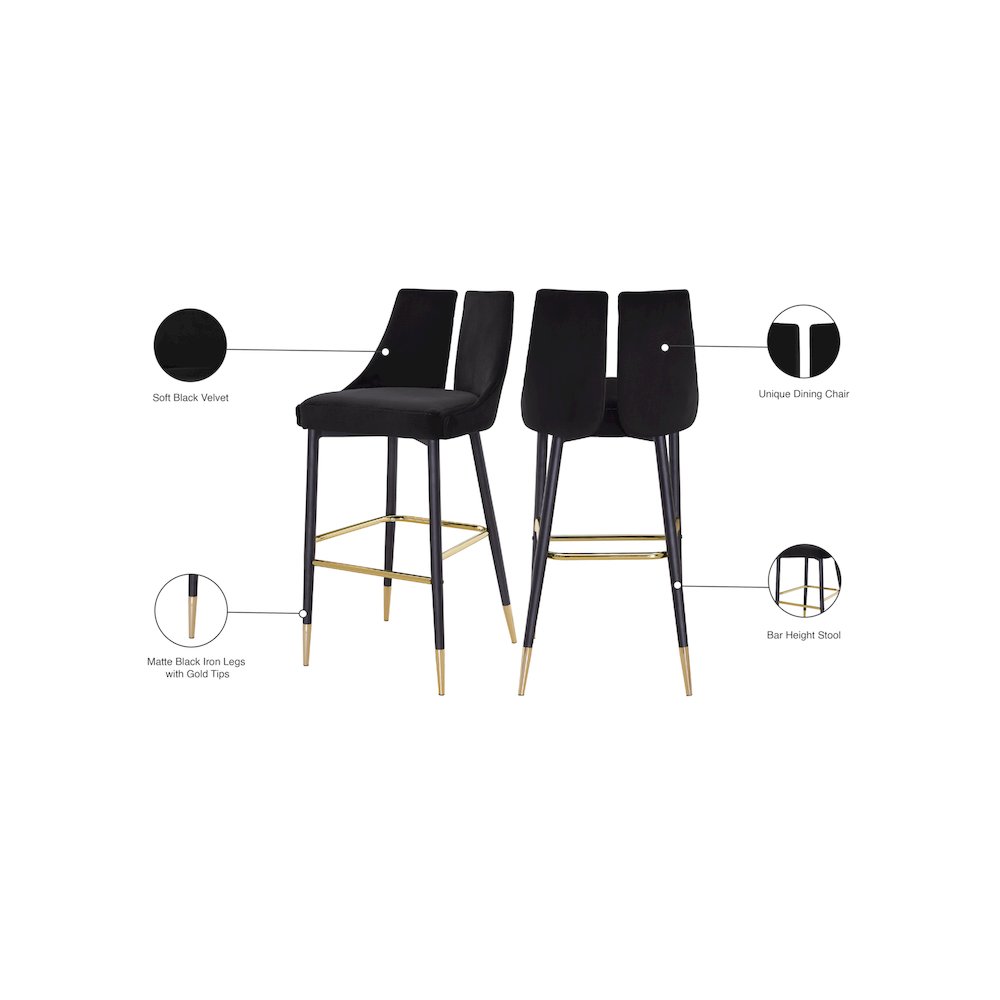 Sleek Black Velvet Stool, Set of 2