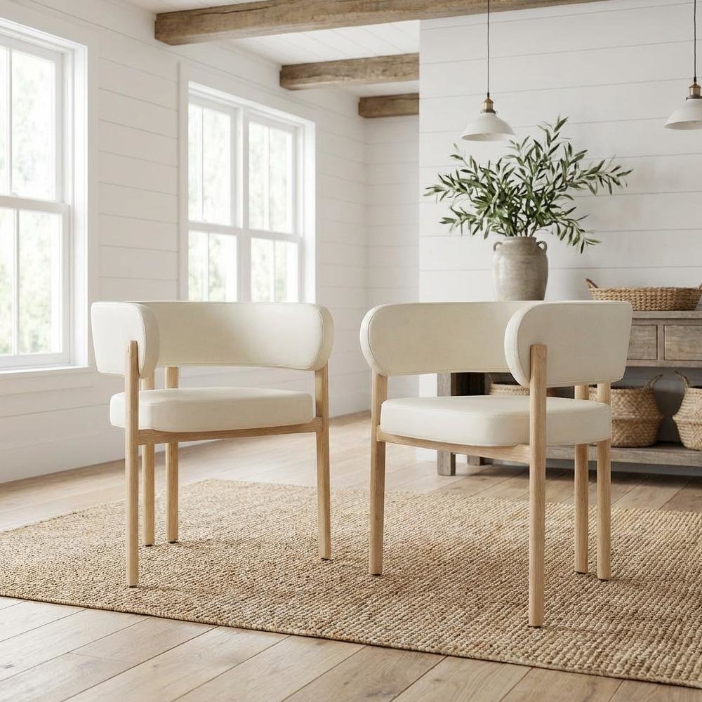 Neutral Vegan Leather Dining Chairs Set of 2 with Armrests and Cushioned Seats