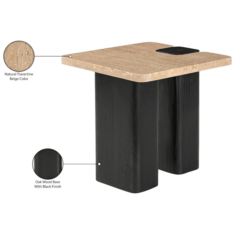 Ravenna Beige Genuine Travertine Top And Oak Wood Base End / Side Table