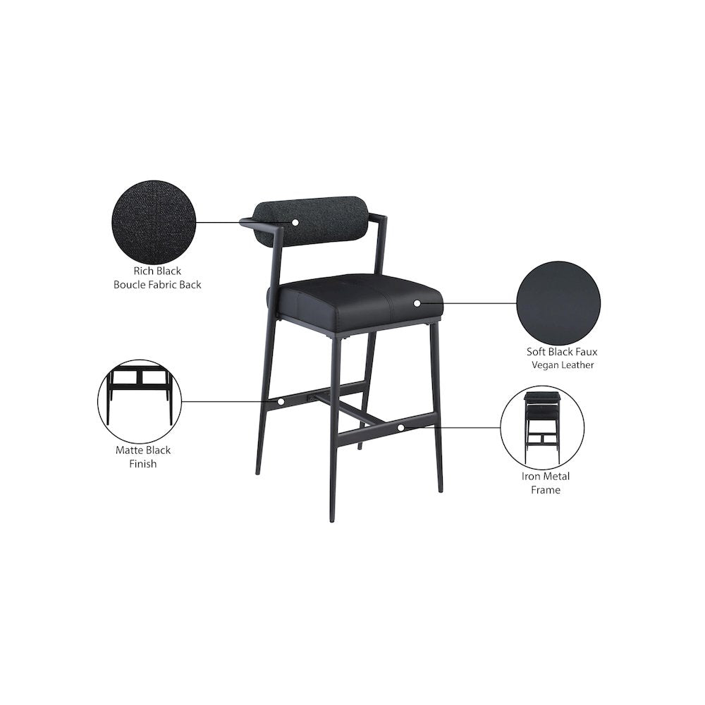 Stryker Black Boucle Fabric and Vegan Leather Stool, Set of 2