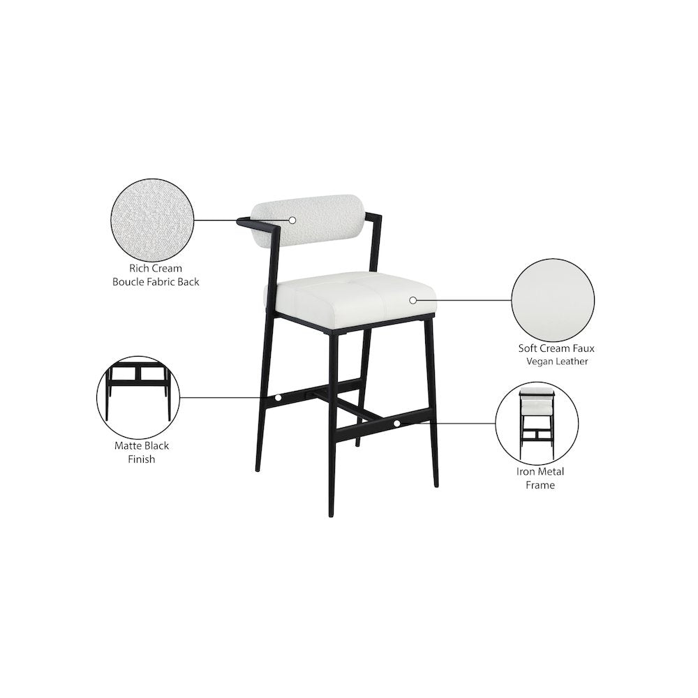 Stryker Cream Boucle Fabric and Vegan Leather Stool, Set of 2