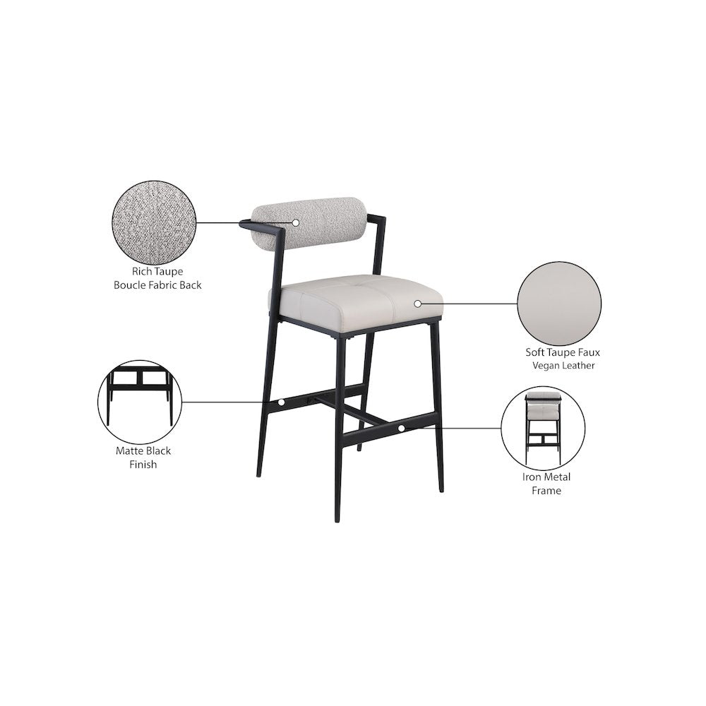 Stryker Taupe Boucle Fabric and Vegan Leather Stool, Set of 2