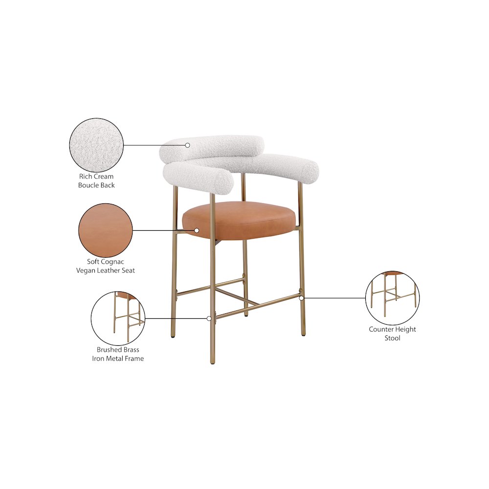 Blake Cognac Boucle Fabric / Vegan Leather Counter Stool, Set of 2