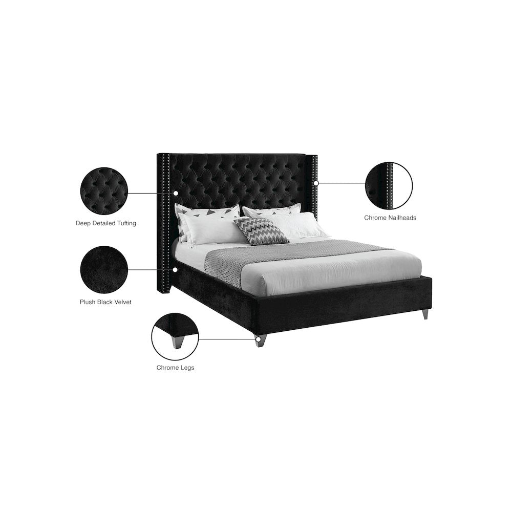 Aiden Black Velvet Queen Bed